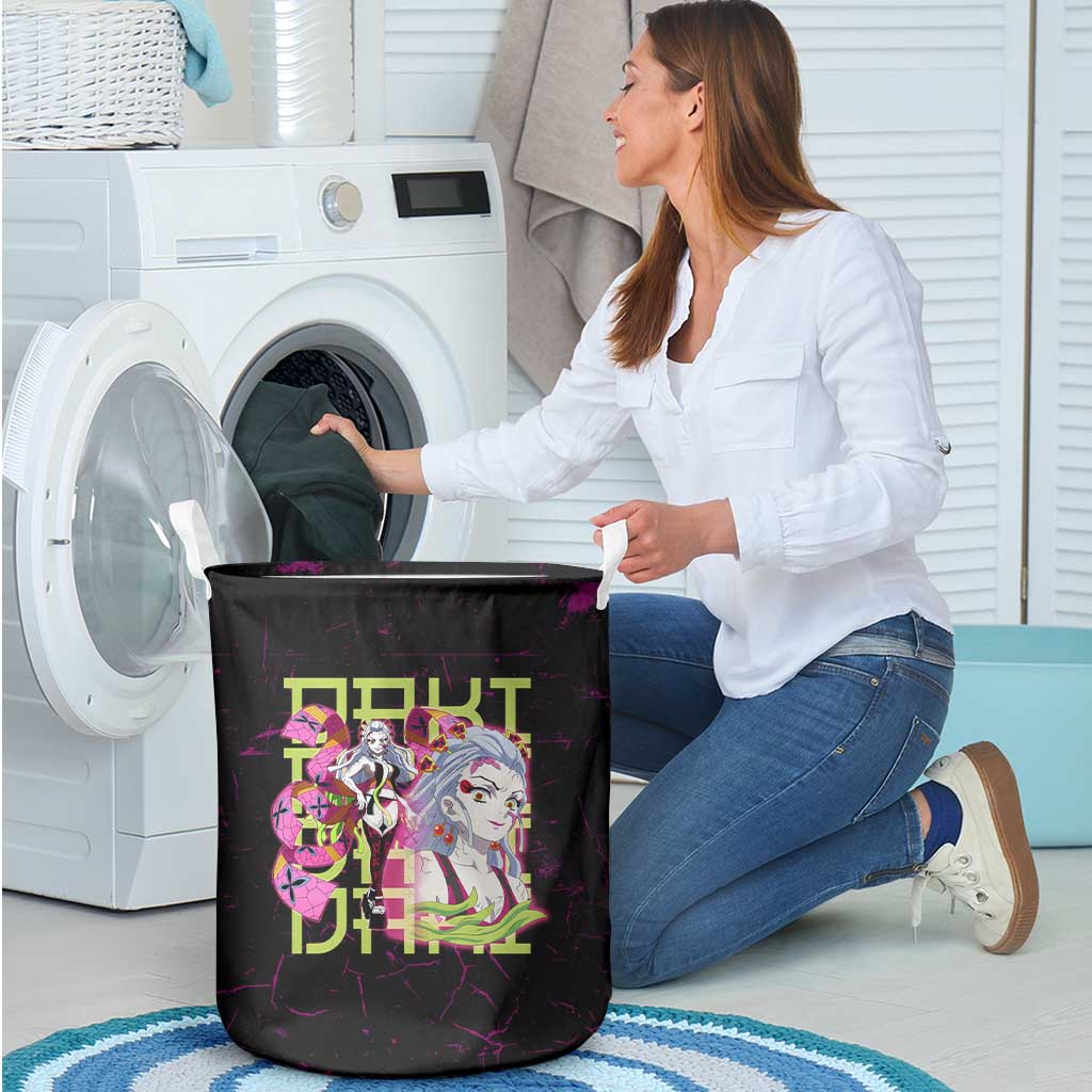 Daki Demon Slayer Theme Laundry Basket with Obi Sash Design and Neon Pink Green Graphic Elements - The Mazicc