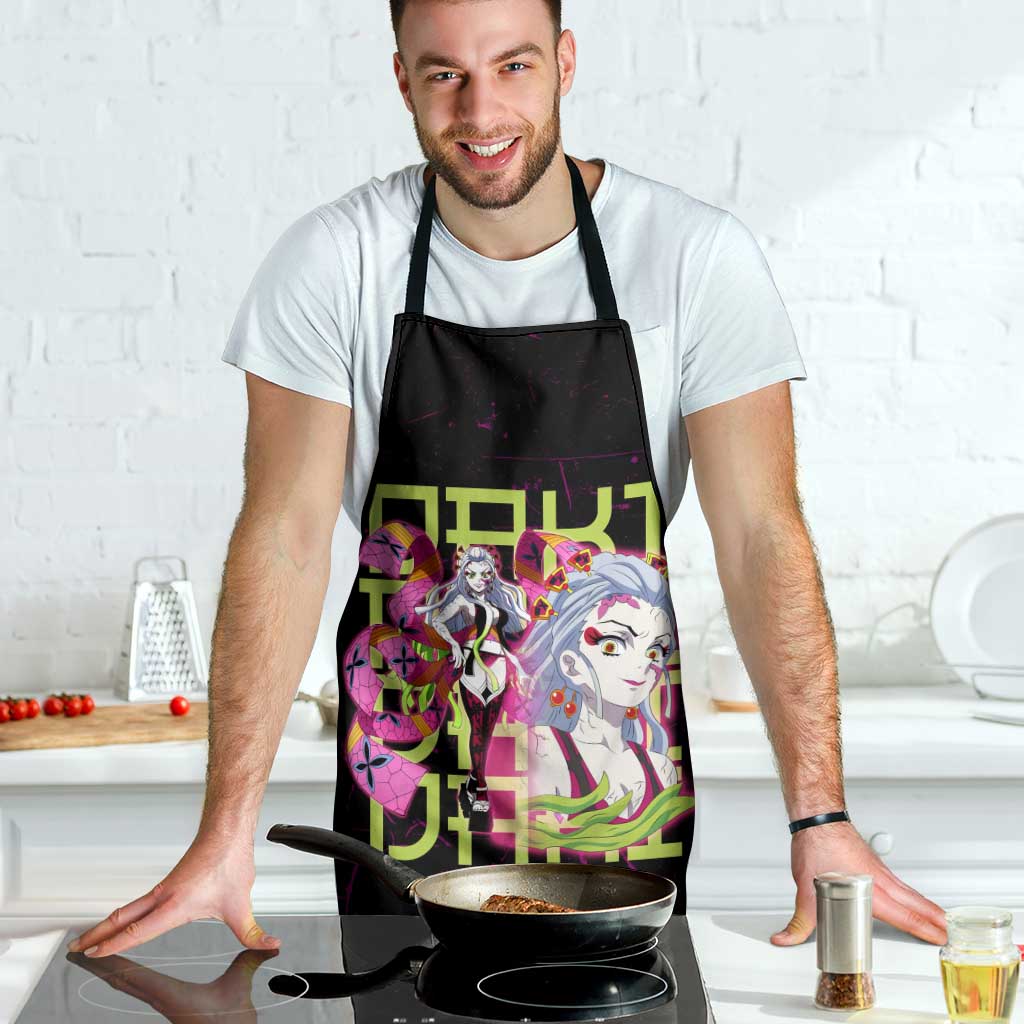 Daki Demon Slayer Theme Apron with Obi Sash Design and Neon Pink Green Graphic Elements - The Mazicc