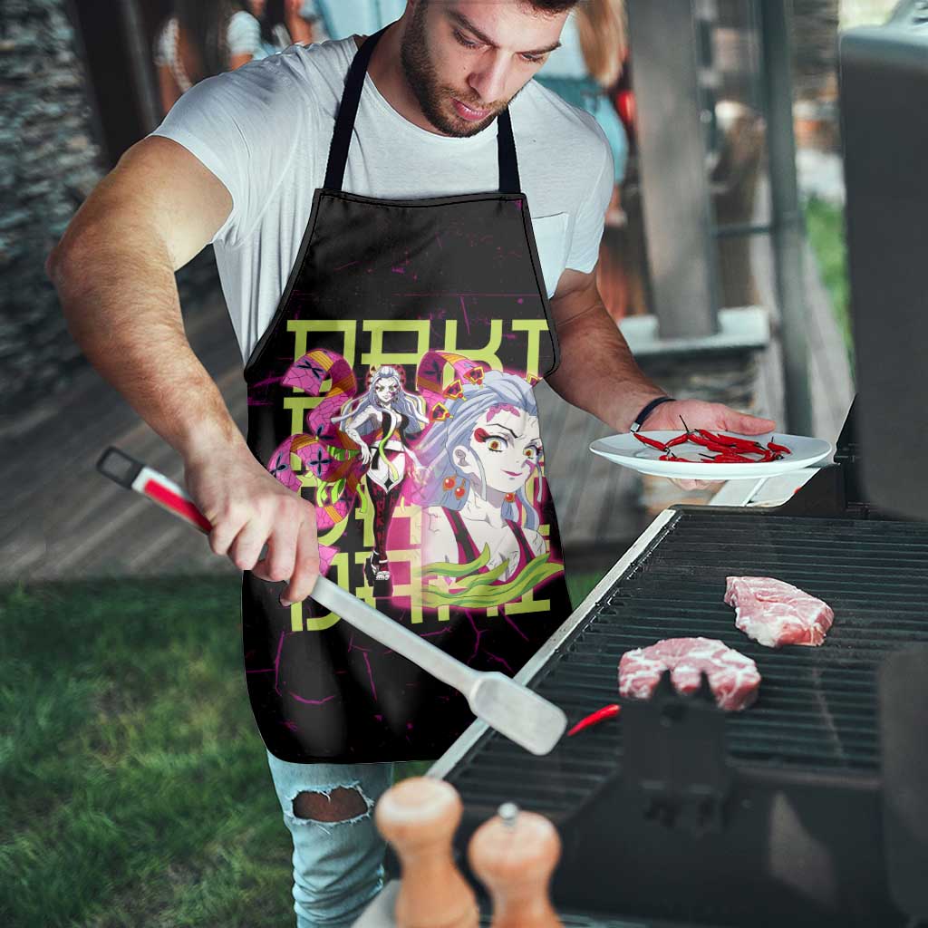 Daki Demon Slayer Theme Apron with Obi Sash Design and Neon Pink Green Graphic Elements - The Mazicc