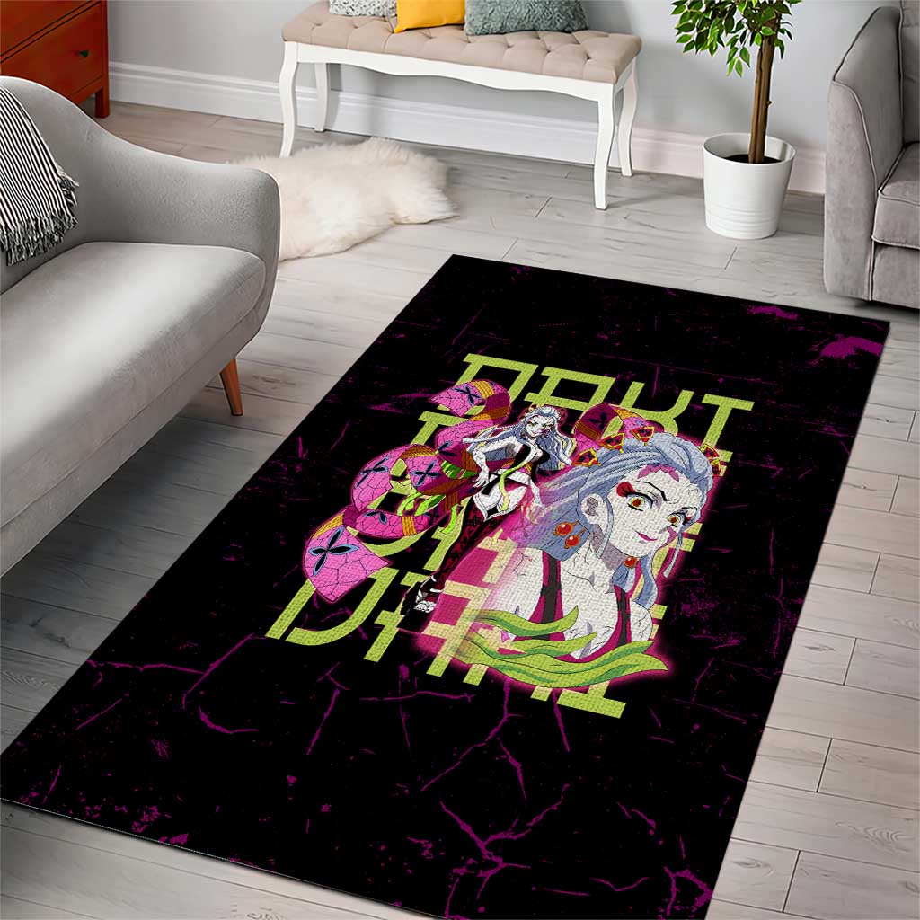 Daki Demon Slayer Theme Area Rug with Obi Sash Design and Neon Pink Green Graphic Elements - The Mazicc