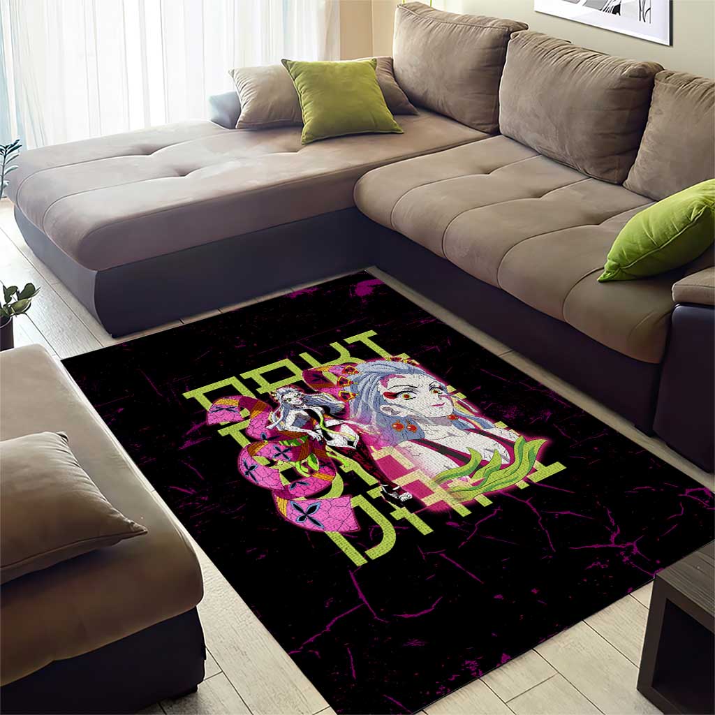 Daki Demon Slayer Theme Area Rug with Obi Sash Design and Neon Pink Green Graphic Elements - The Mazicc