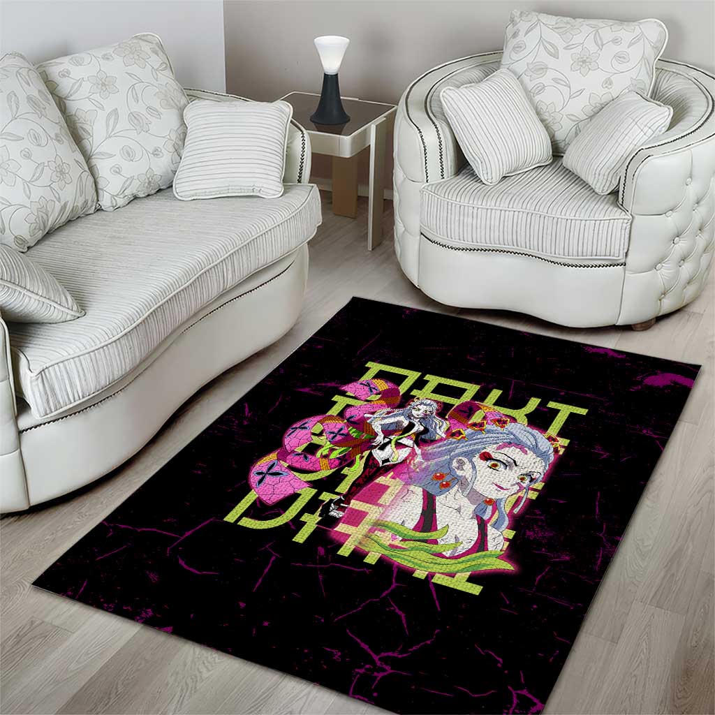 Daki Demon Slayer Theme Area Rug with Obi Sash Design and Neon Pink Green Graphic Elements - The Mazicc