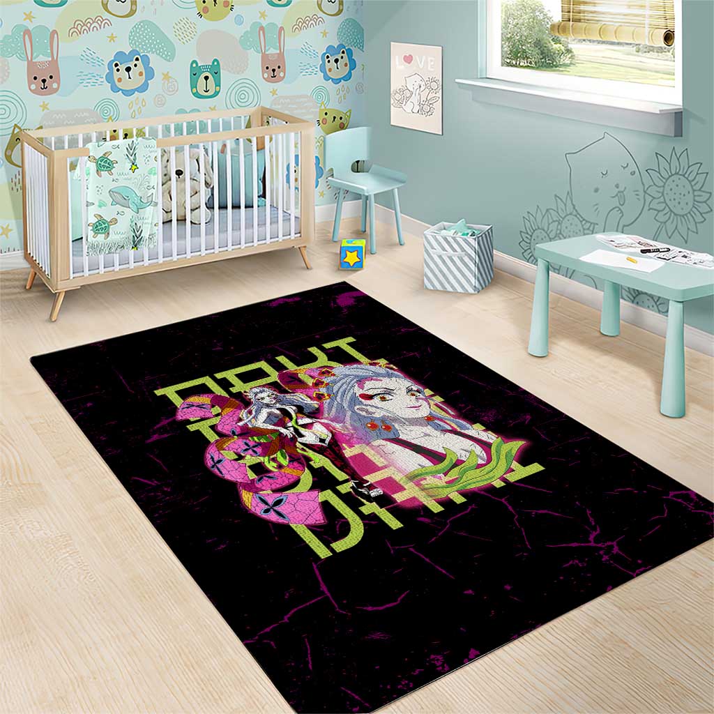 Daki Demon Slayer Theme Area Rug with Obi Sash Design and Neon Pink Green Graphic Elements - The Mazicc