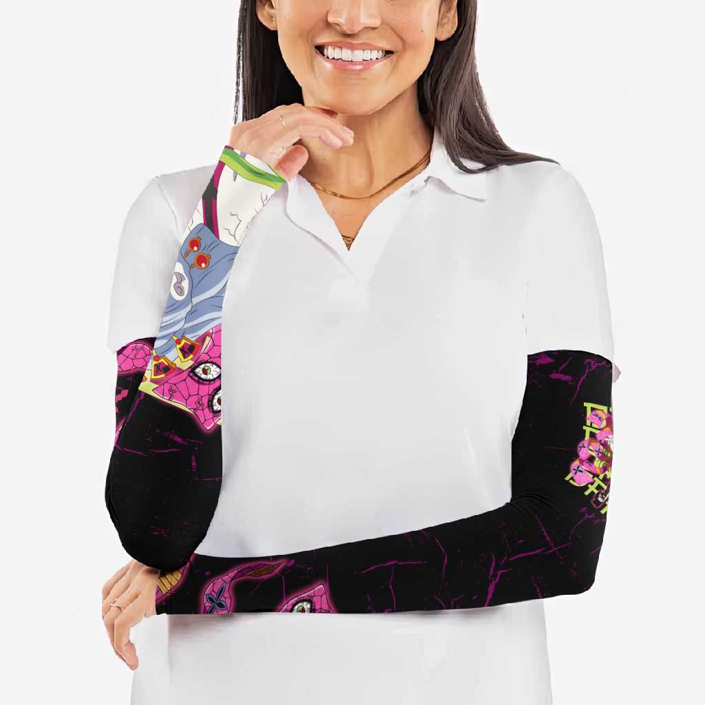 Daki Demon Slayer Theme Arm Sleeves with Obi Sash Design and Neon Pink Green Graphic Elements - The Mazicc