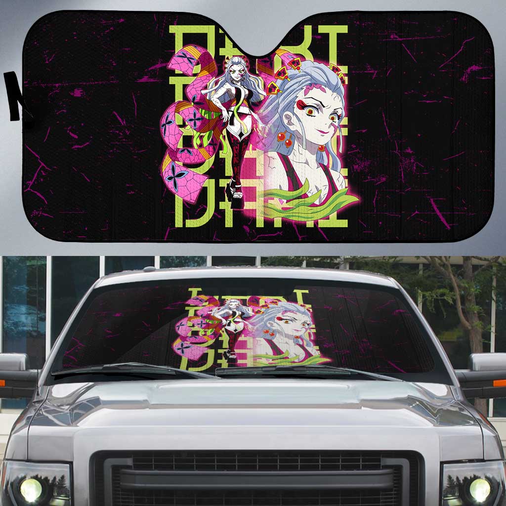 Daki Demon Slayer Theme Auto Sun Shade with Obi Sash Design and Neon Pink Green Graphic Elements - The Mazicc