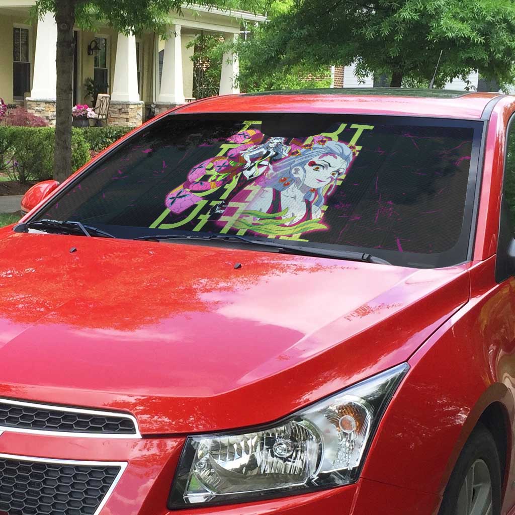 Daki Demon Slayer Theme Auto Sun Shade with Obi Sash Design and Neon Pink Green Graphic Elements - The Mazicc
