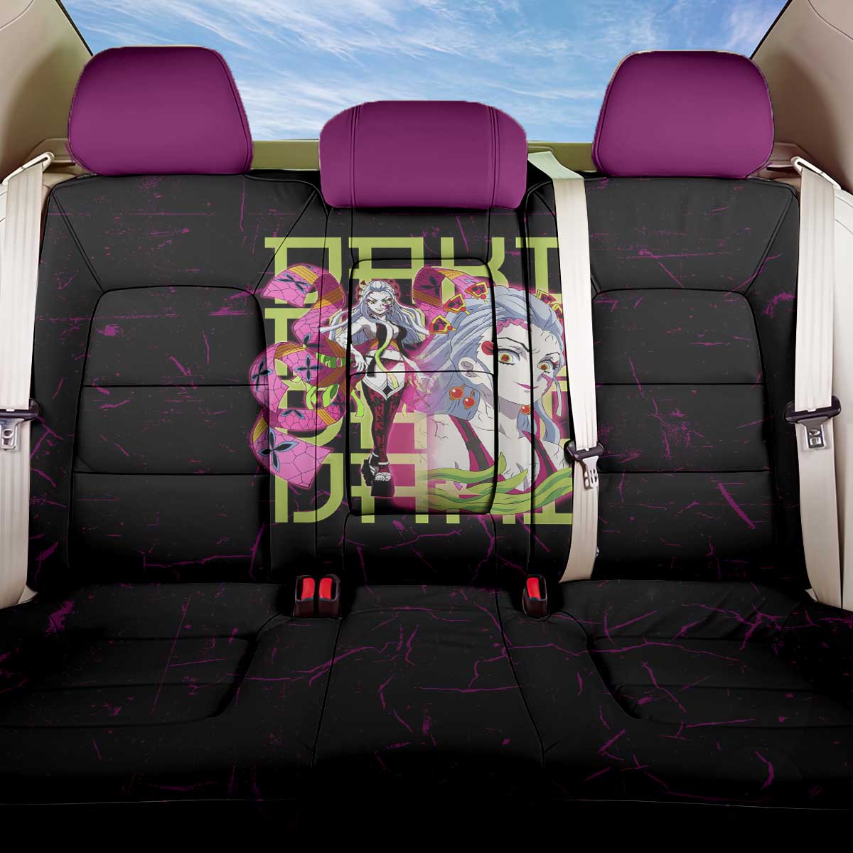 Daki Demon Slayer Theme Back Car Seat Cover with Obi Sash Design and Neon Pink Green Graphic Elements - The Mazicc