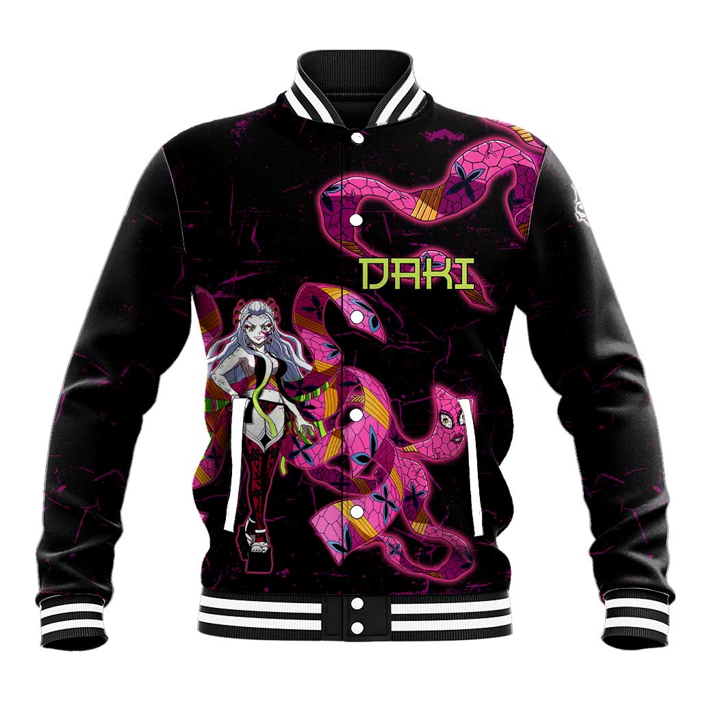 Daki Demon Slayer Theme Baseball Jacket with Obi Sash Design and Neon Pink Green Graphic Elements - The Mazicc