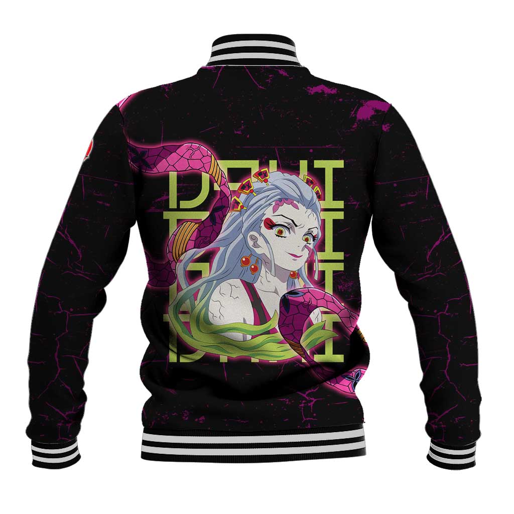 Daki Demon Slayer Theme Baseball Jacket with Obi Sash Design and Neon Pink Green Graphic Elements - The Mazicc