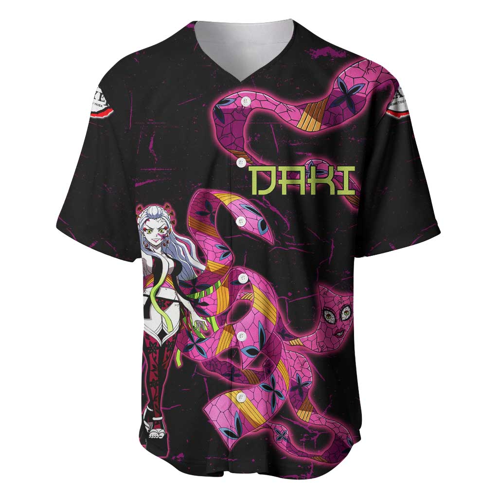 Daki Demon Slayer Theme Baseball Jersey with Obi Sash Design and Neon Pink Green Graphic Elements - The Mazicc