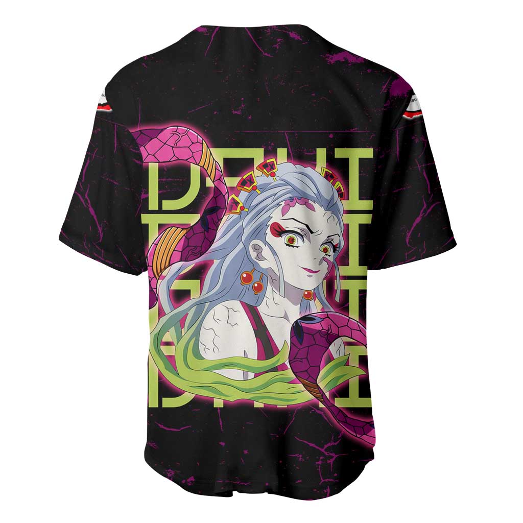 Daki Demon Slayer Theme Baseball Jersey with Obi Sash Design and Neon Pink Green Graphic Elements - The Mazicc