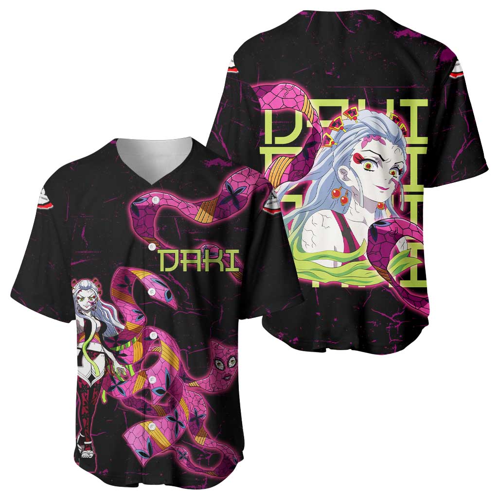 Daki Demon Slayer Theme Baseball Jersey with Obi Sash Design and Neon Pink Green Graphic Elements - The Mazicc