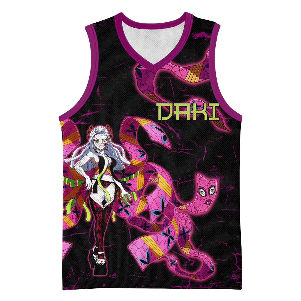 Daki Demon Slayer Theme Basketball Jersey with Obi Sash Design and Neon Pink Green Graphic Elements - The Mazicc