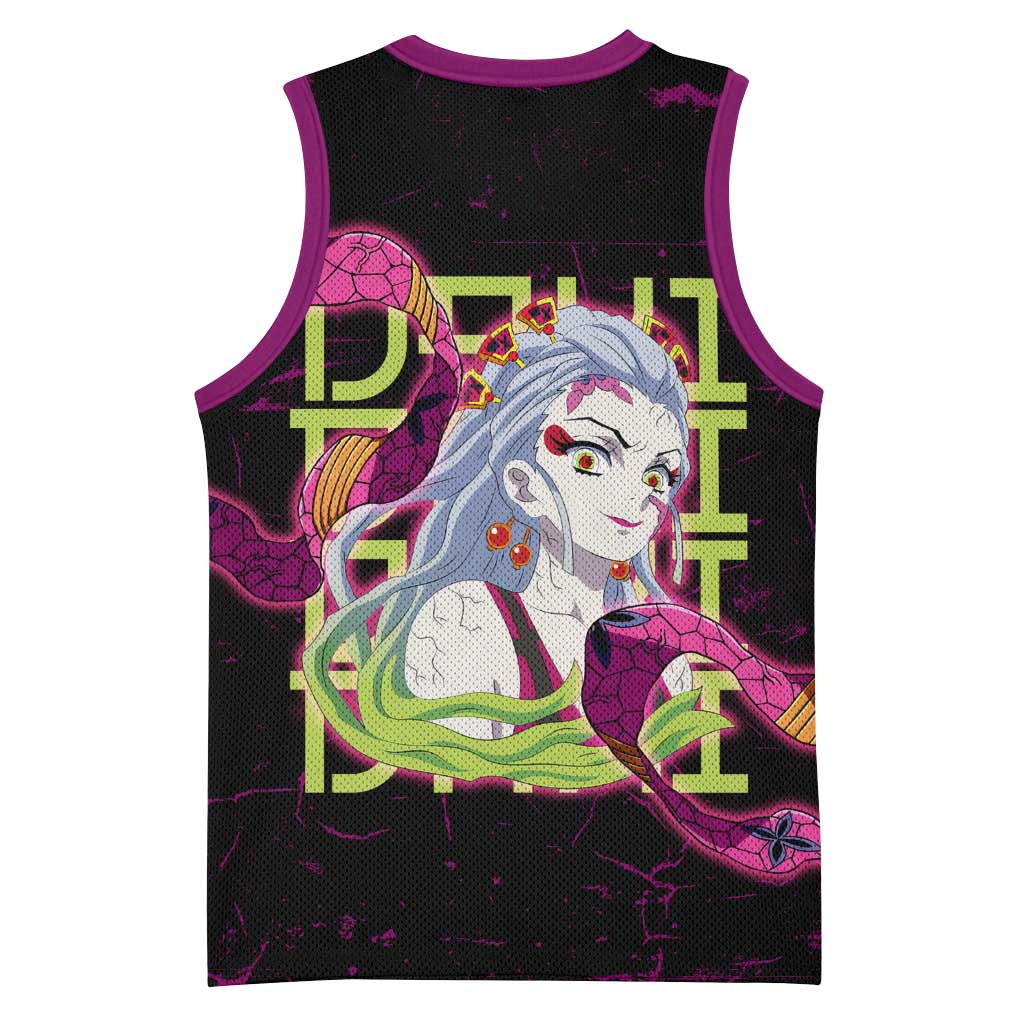 Daki Demon Slayer Theme Basketball Jersey with Obi Sash Design and Neon Pink Green Graphic Elements - The Mazicc