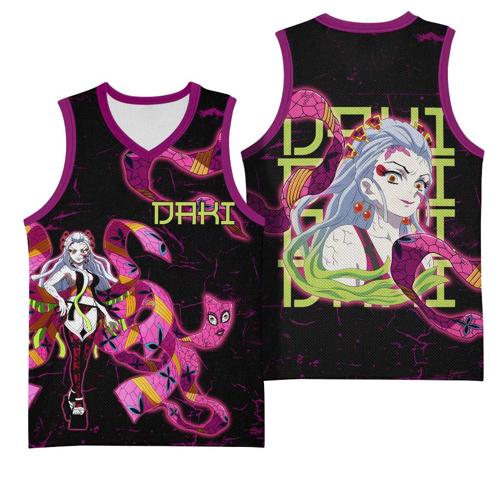 Daki Demon Slayer Theme Basketball Jersey with Obi Sash Design and Neon Pink Green Graphic Elements - The Mazicc