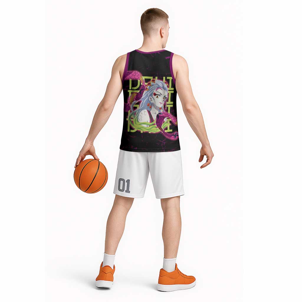 Daki Demon Slayer Theme Basketball Jersey with Obi Sash Design and Neon Pink Green Graphic Elements - The Mazicc