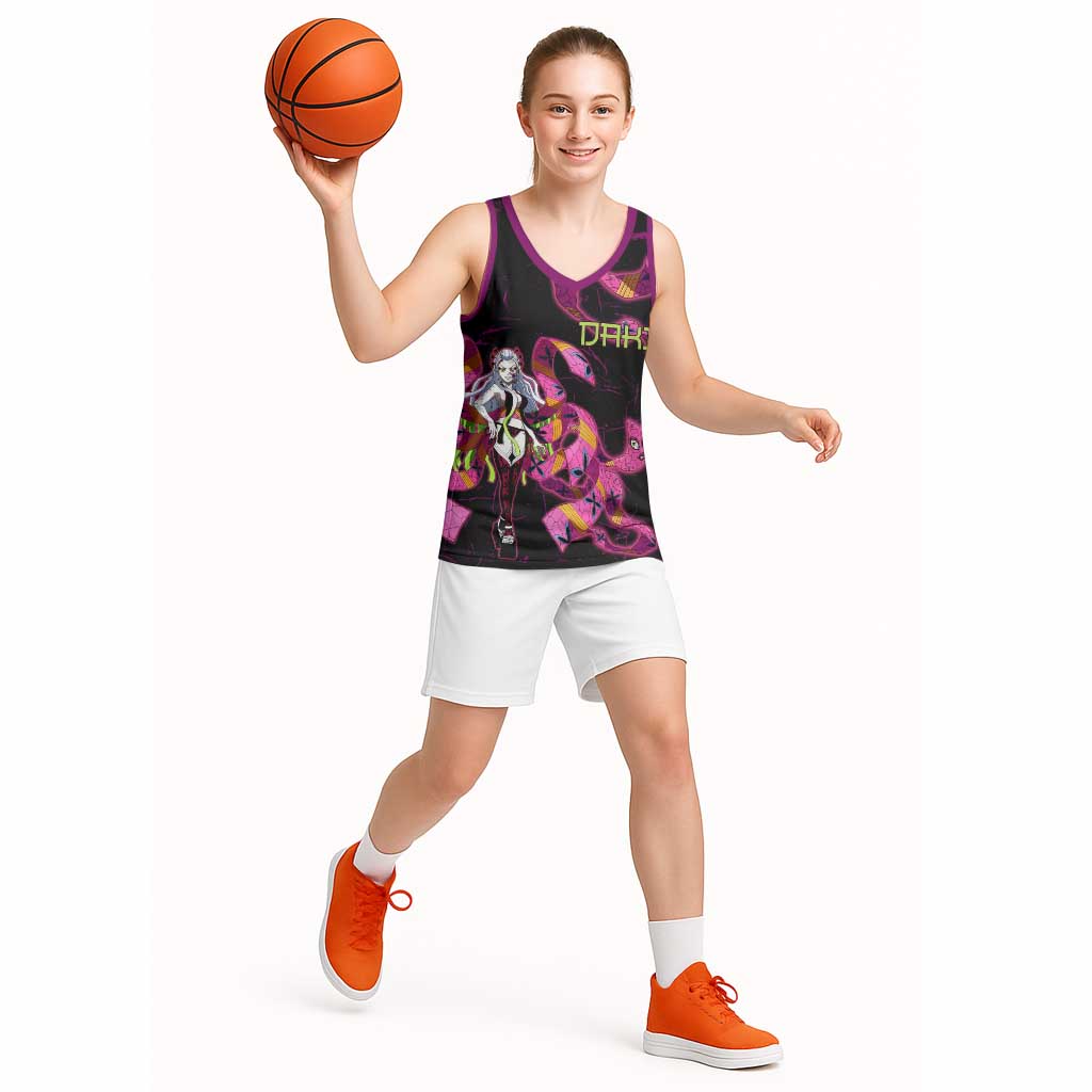 Daki Demon Slayer Theme Basketball Jersey with Obi Sash Design and Neon Pink Green Graphic Elements - The Mazicc