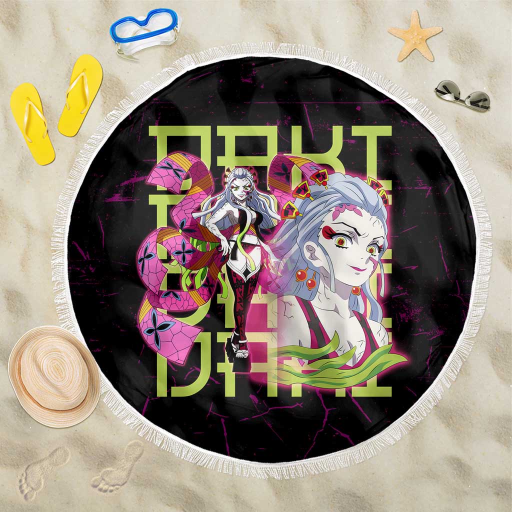 Daki Demon Slayer Theme Beach Blanket with Obi Sash Design and Neon Pink Green Graphic Elements - The Mazicc