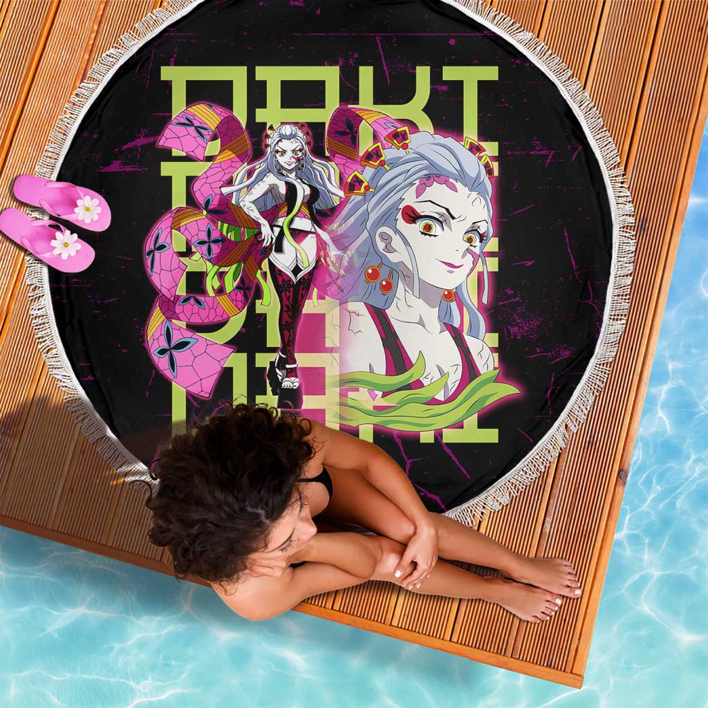 Daki Demon Slayer Theme Beach Blanket with Obi Sash Design and Neon Pink Green Graphic Elements - The Mazicc