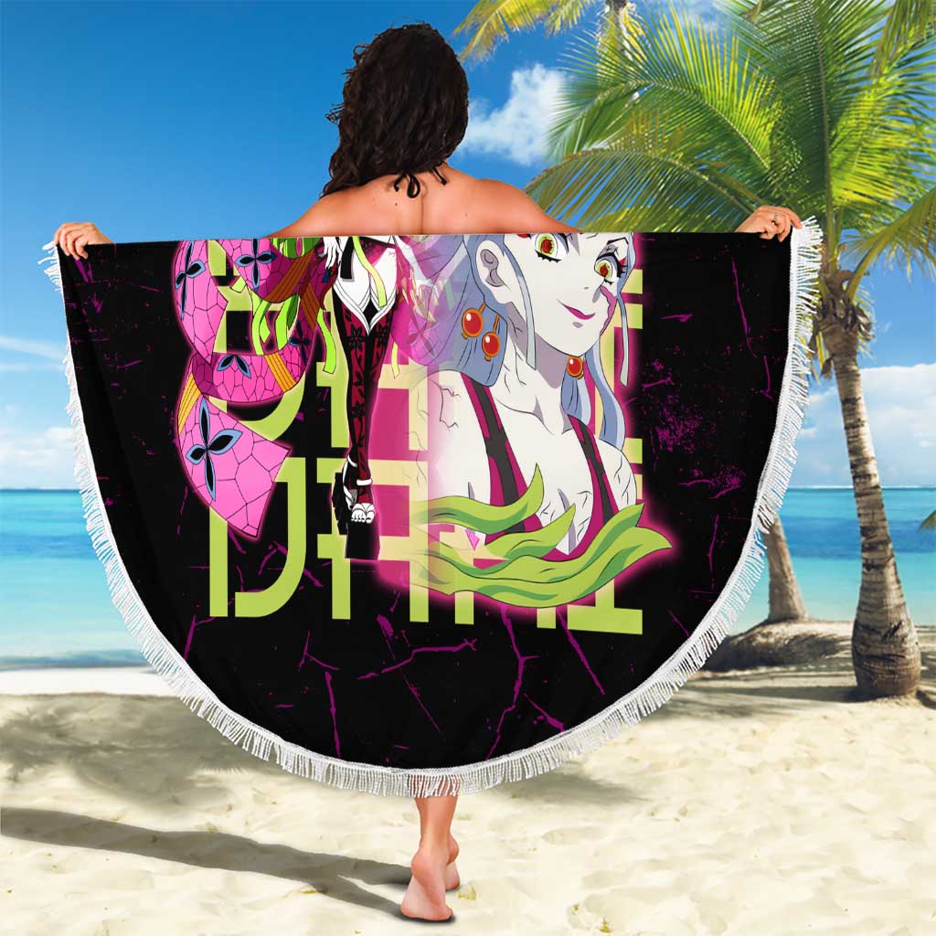 Daki Demon Slayer Theme Beach Blanket with Obi Sash Design and Neon Pink Green Graphic Elements - The Mazicc