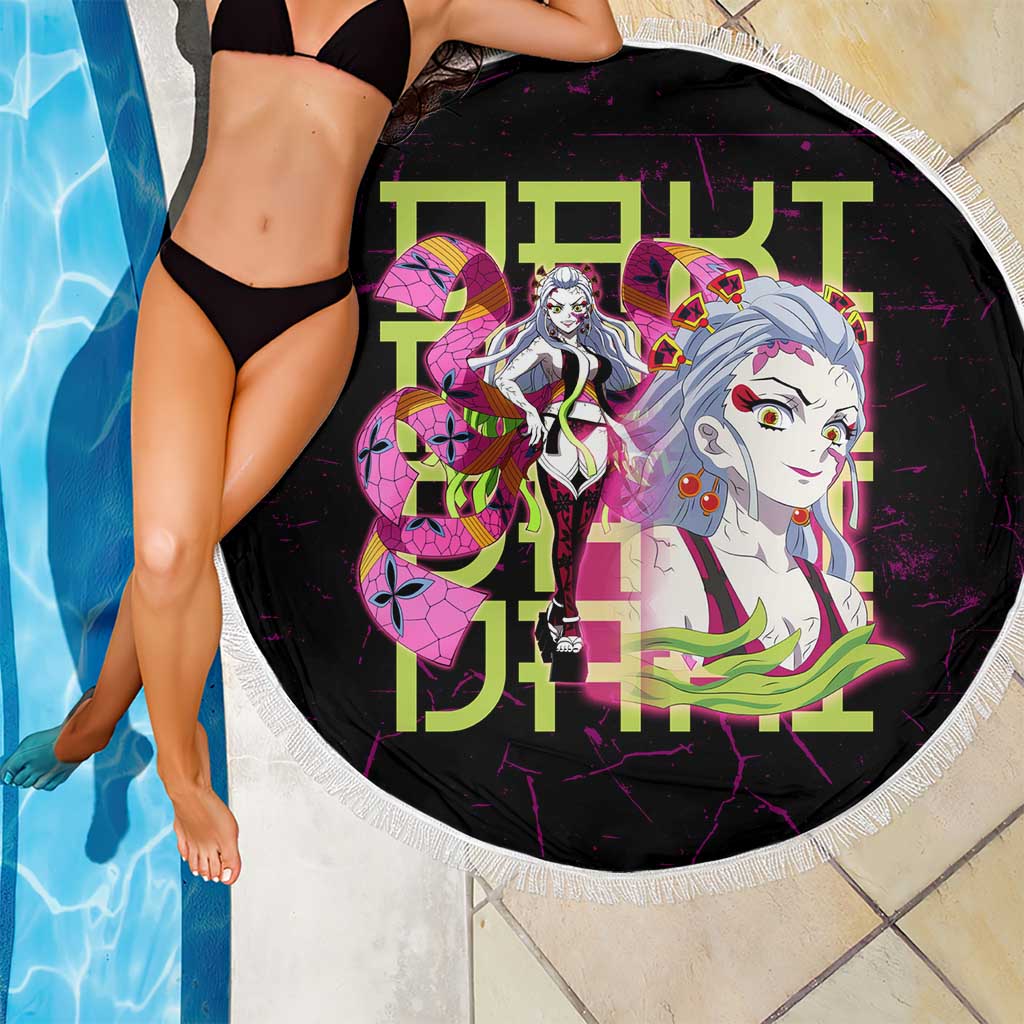 Daki Demon Slayer Theme Beach Blanket with Obi Sash Design and Neon Pink Green Graphic Elements - The Mazicc