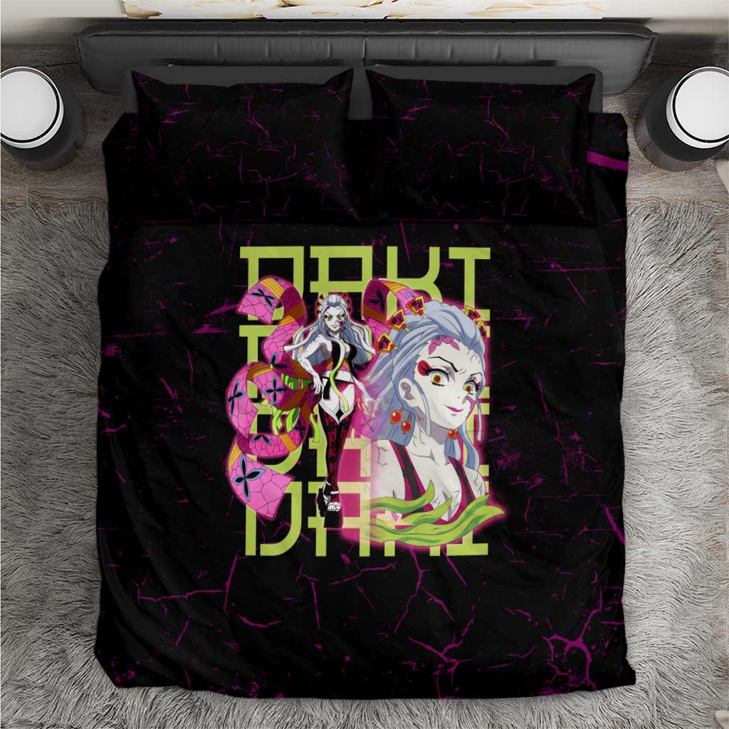 Daki Demon Slayer Theme Bedding Set with Obi Sash Design and Neon Pink Green Graphic Elements - The Mazicc