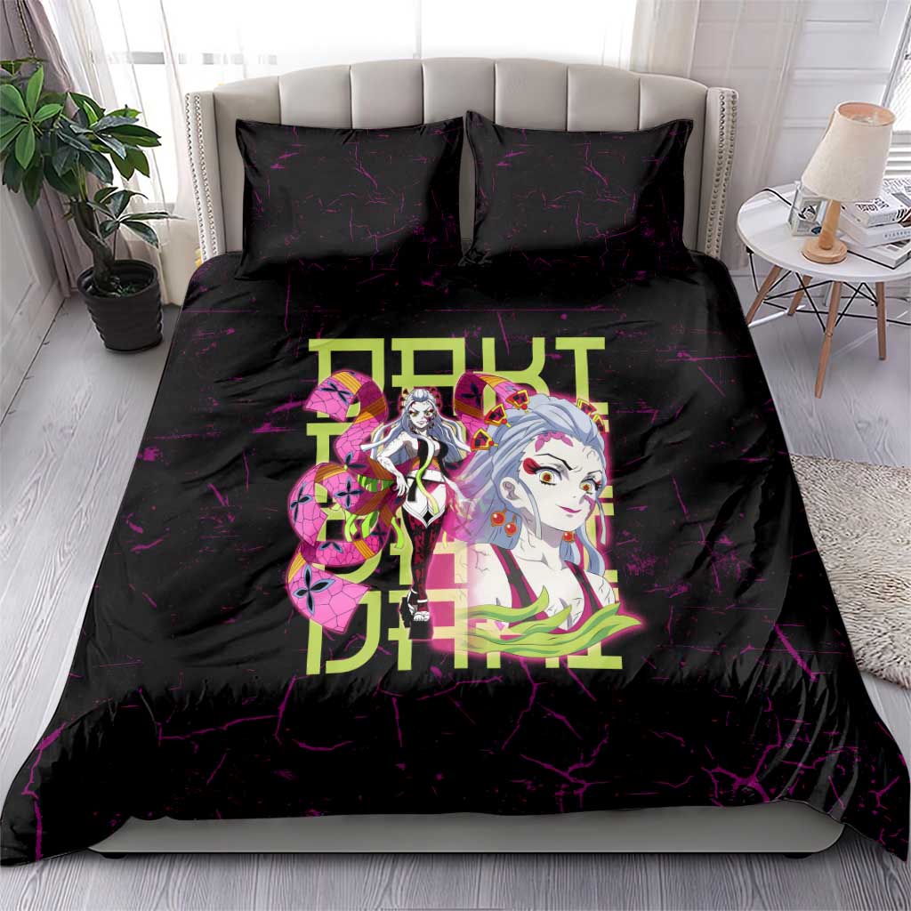 Daki Demon Slayer Theme Bedding Set with Obi Sash Design and Neon Pink Green Graphic Elements - The Mazicc
