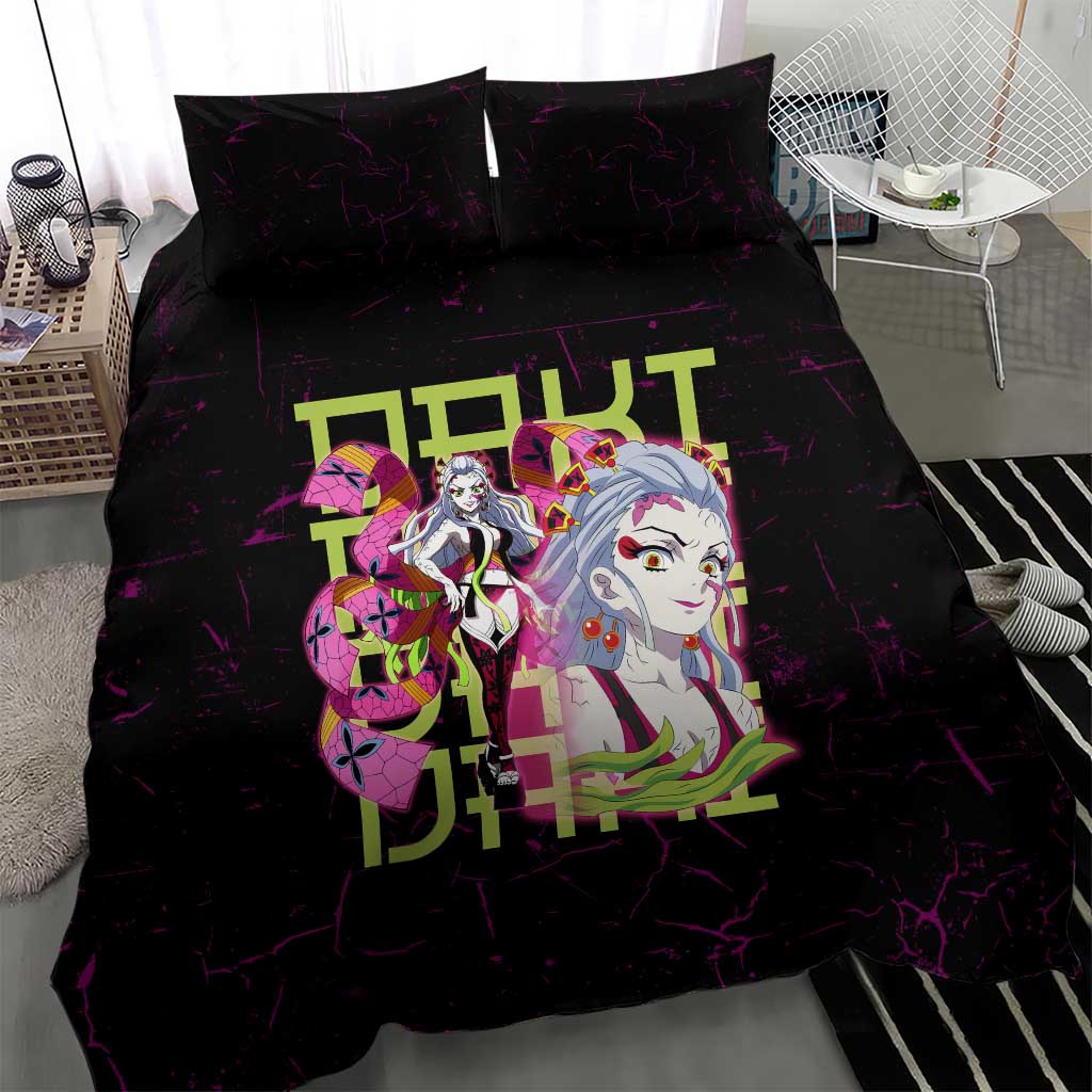 Daki Demon Slayer Theme Bedding Set with Obi Sash Design and Neon Pink Green Graphic Elements - The Mazicc