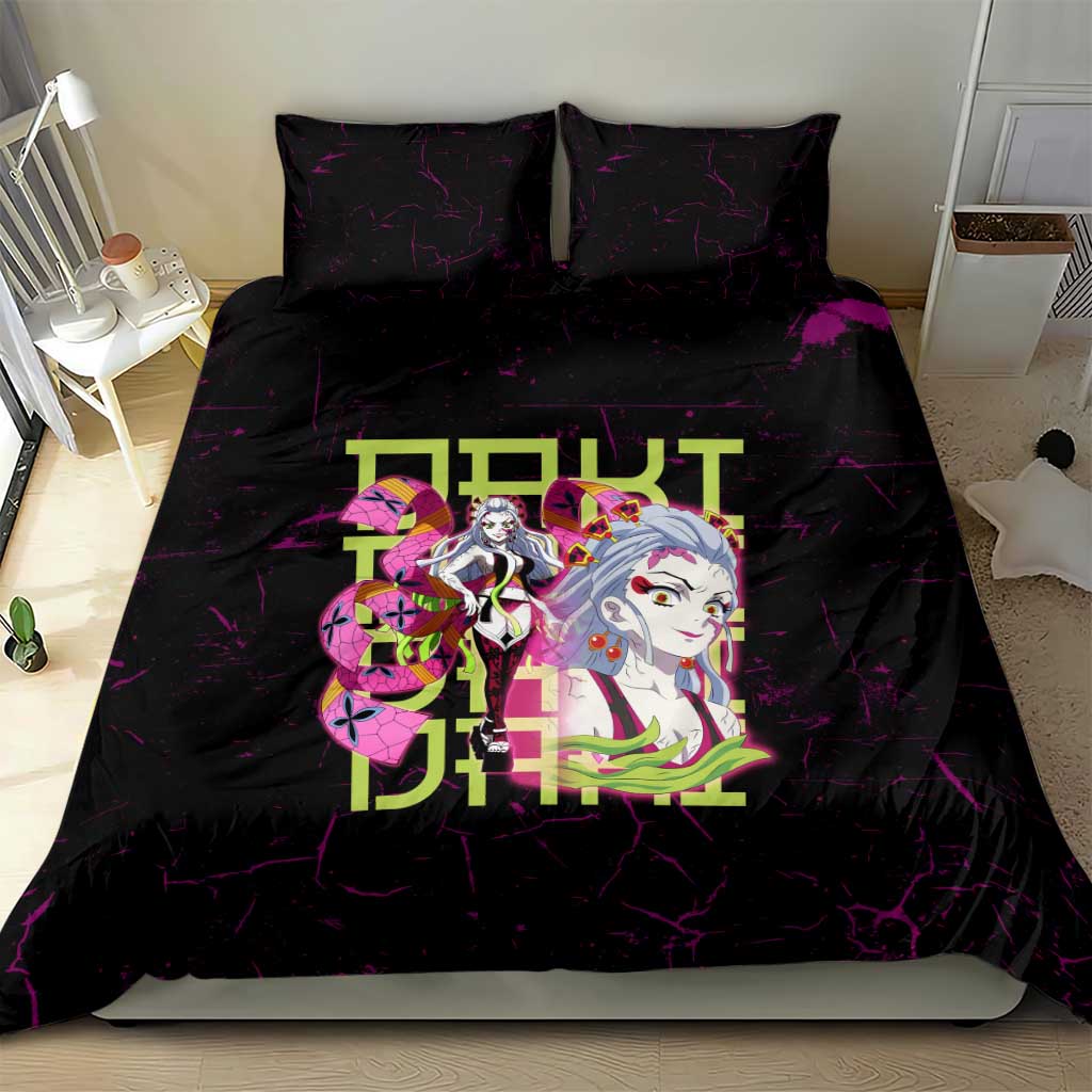 Daki Demon Slayer Theme Bedding Set with Obi Sash Design and Neon Pink Green Graphic Elements - The Mazicc