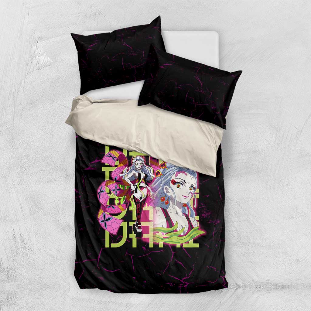 Daki Demon Slayer Theme Bedding Set with Obi Sash Design and Neon Pink Green Graphic Elements - The Mazicc