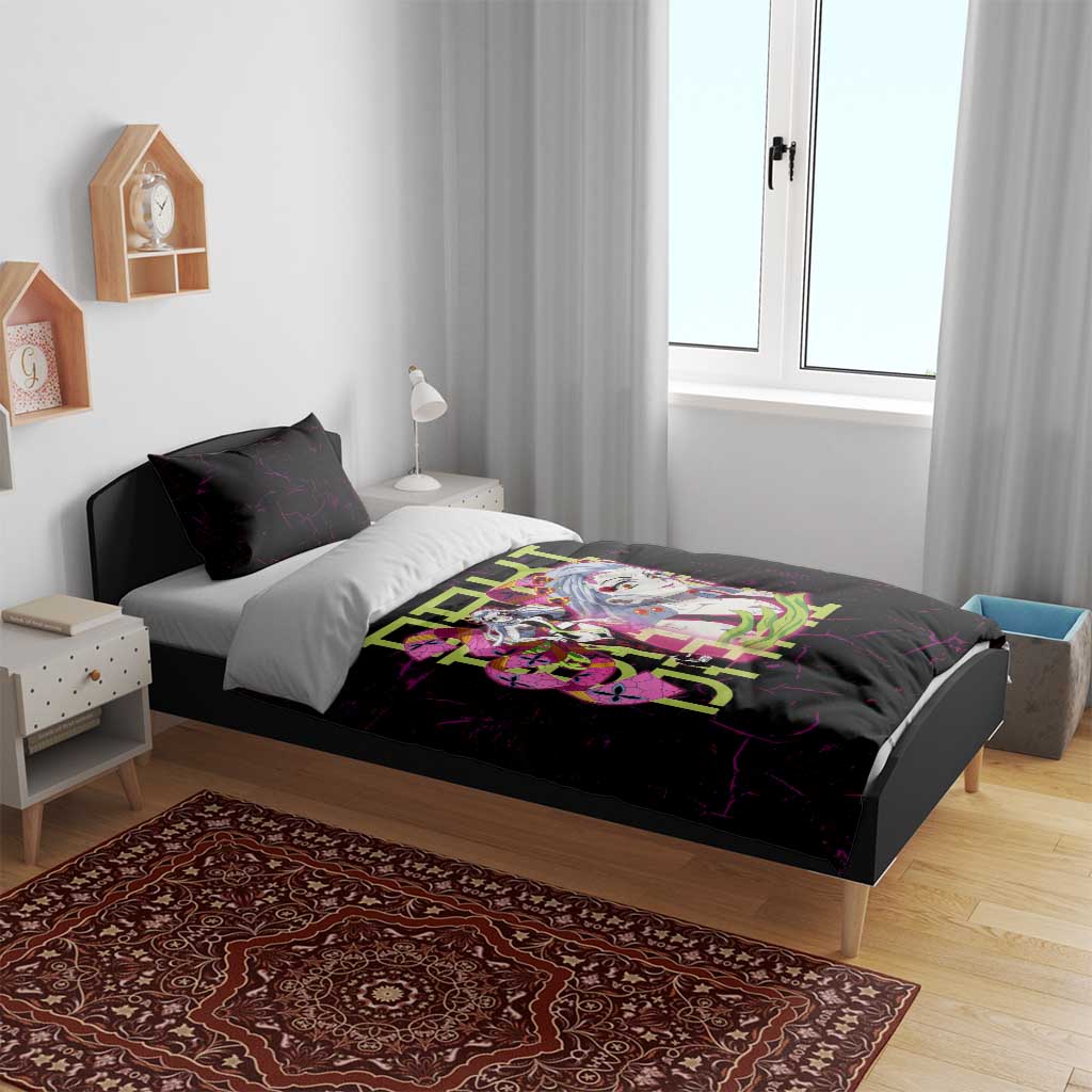 Daki Demon Slayer Theme Bedding Set with Obi Sash Design and Neon Pink Green Graphic Elements - The Mazicc