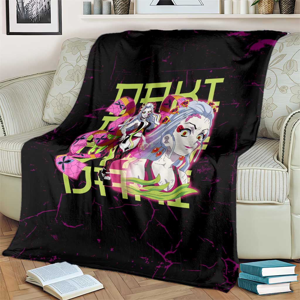Daki Demon Slayer Theme Blanket with Obi Sash Design and Neon Pink Green Graphic Elements - The Mazicc