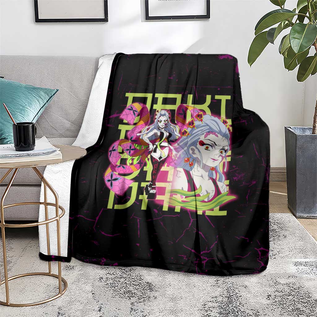 Daki Demon Slayer Theme Blanket with Obi Sash Design and Neon Pink Green Graphic Elements - The Mazicc