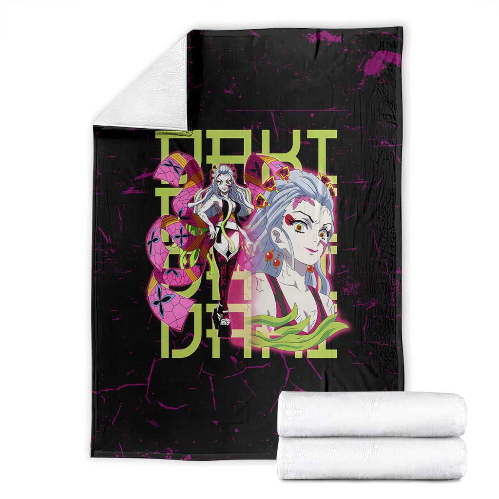 Daki Demon Slayer Theme Blanket with Obi Sash Design and Neon Pink Green Graphic Elements - The Mazicc