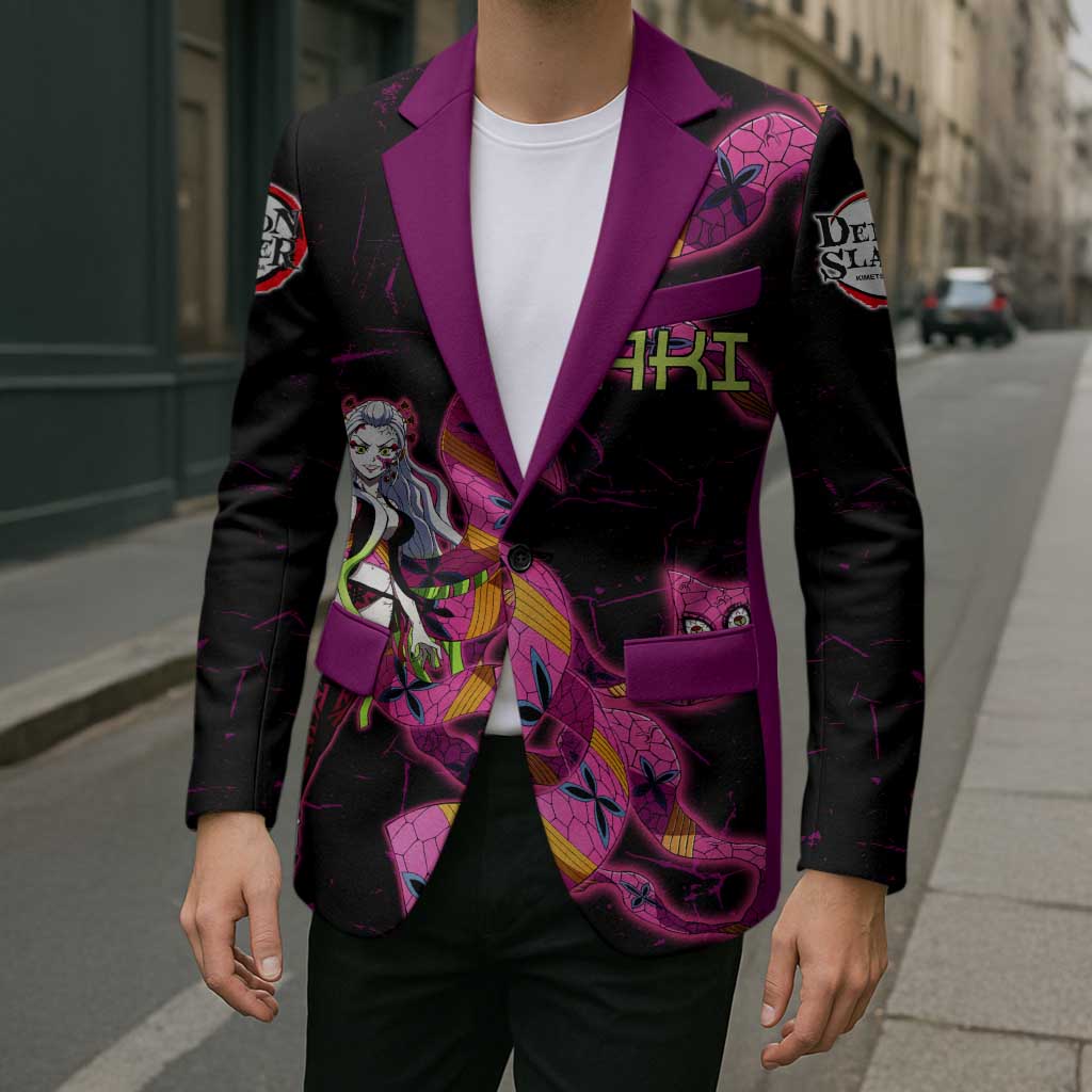Daki Demon Slayer Theme Blazer with Obi Sash Design and Neon Pink Green Graphic Elements - The Mazicc