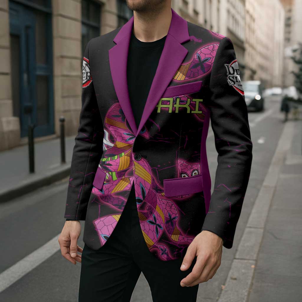Daki Demon Slayer Theme Blazer with Obi Sash Design and Neon Pink Green Graphic Elements - The Mazicc