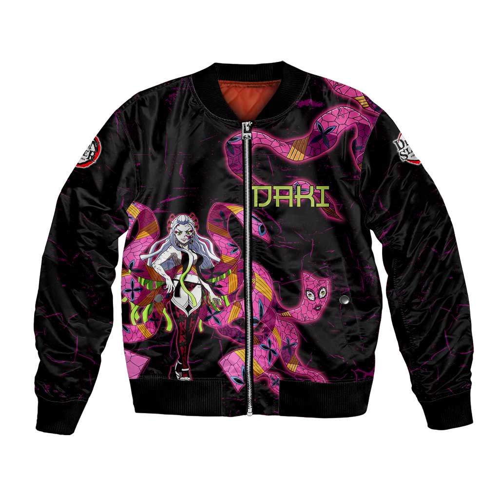 Daki Demon Slayer Theme Bomber Jacket with Obi Sash Design and Neon Pink Green Graphic Elements - The Mazicc