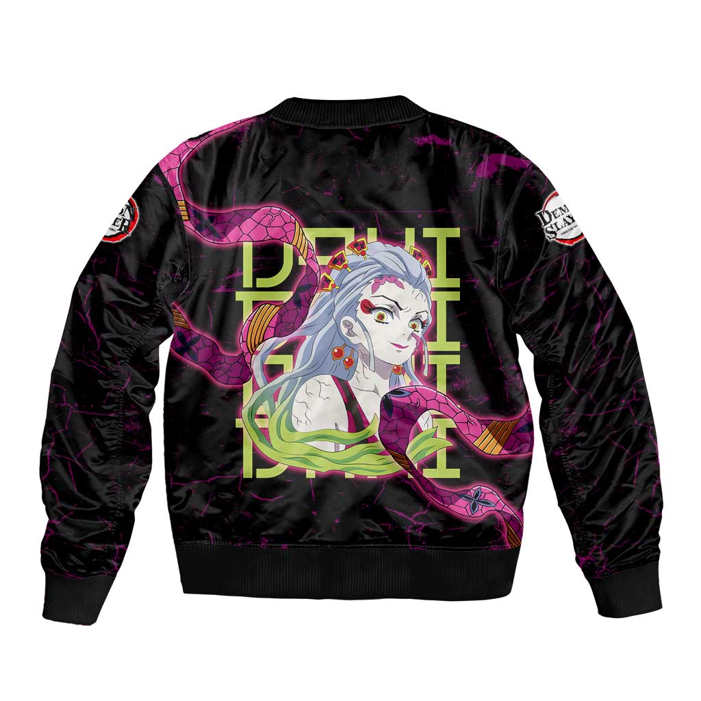 Daki Demon Slayer Theme Bomber Jacket with Obi Sash Design and Neon Pink Green Graphic Elements - The Mazicc