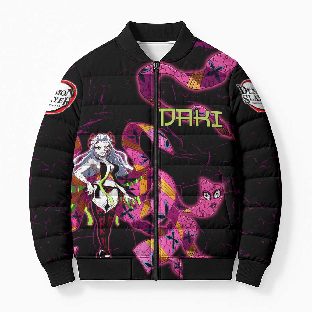 Daki Demon Slayer Theme Bomber Puffer Jacket with Obi Sash Design and Neon Pink Green Graphic Elements - The Mazicc