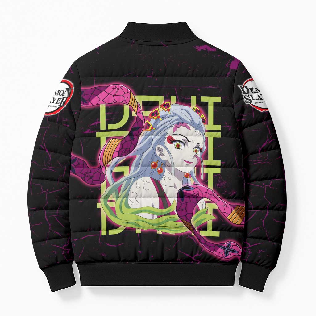 Daki Demon Slayer Theme Bomber Puffer Jacket with Obi Sash Design and Neon Pink Green Graphic Elements - The Mazicc