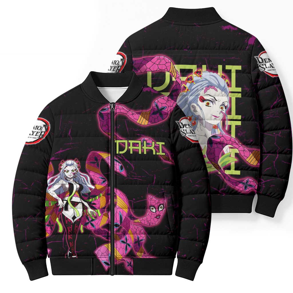 Daki Demon Slayer Theme Bomber Puffer Jacket with Obi Sash Design and Neon Pink Green Graphic Elements - The Mazicc