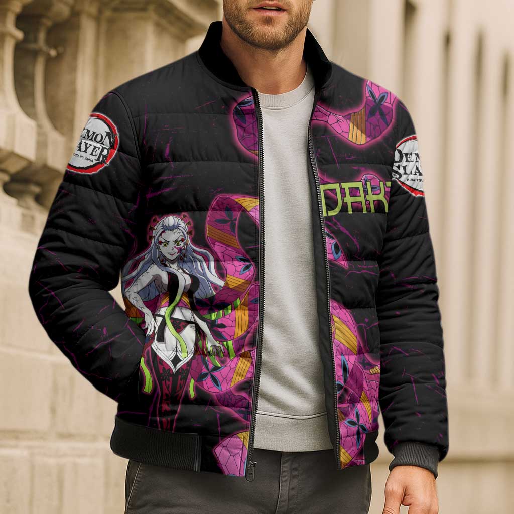 Daki Demon Slayer Theme Bomber Puffer Jacket with Obi Sash Design and Neon Pink Green Graphic Elements - The Mazicc