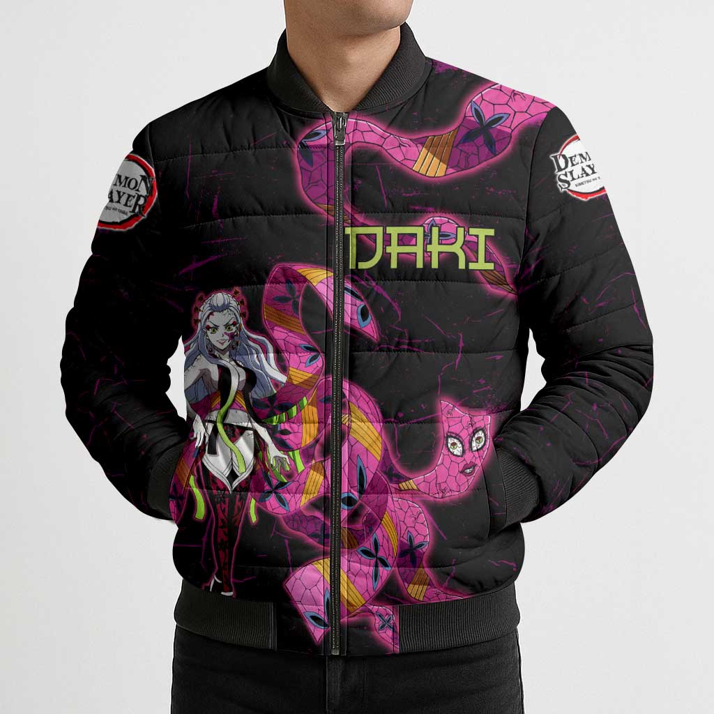 Daki Demon Slayer Theme Bomber Puffer Jacket with Obi Sash Design and Neon Pink Green Graphic Elements - The Mazicc