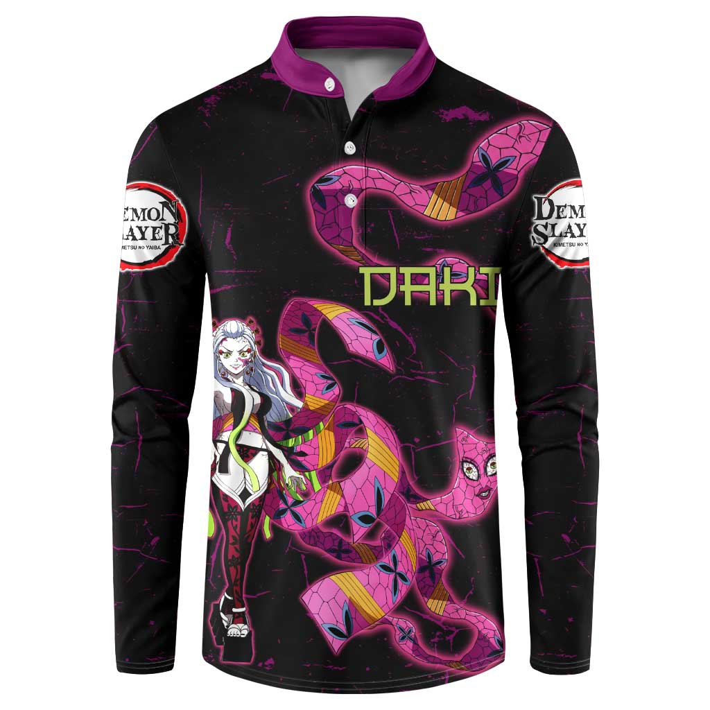 Daki Demon Slayer Theme Button Sweatshirt with Obi Sash Design and Neon Pink Green Graphic Elements - The Mazicc