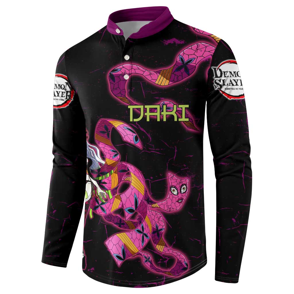 Daki Demon Slayer Theme Button Sweatshirt with Obi Sash Design and Neon Pink Green Graphic Elements - The Mazicc