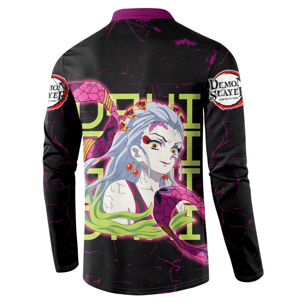 Daki Demon Slayer Theme Button Sweatshirt with Obi Sash Design and Neon Pink Green Graphic Elements - The Mazicc