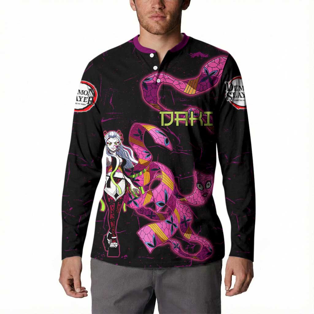 Daki Demon Slayer Theme Button Sweatshirt with Obi Sash Design and Neon Pink Green Graphic Elements - The Mazicc