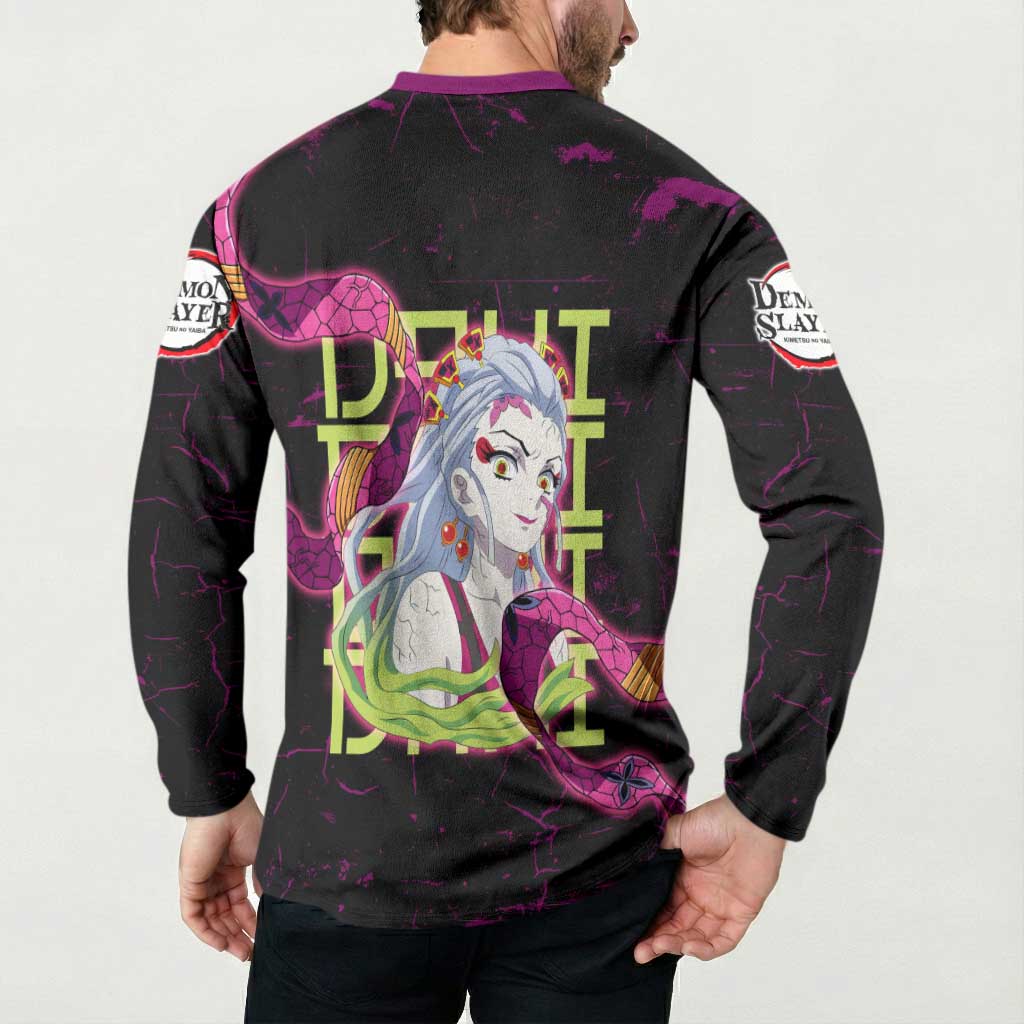 Daki Demon Slayer Theme Button Sweatshirt with Obi Sash Design and Neon Pink Green Graphic Elements - The Mazicc
