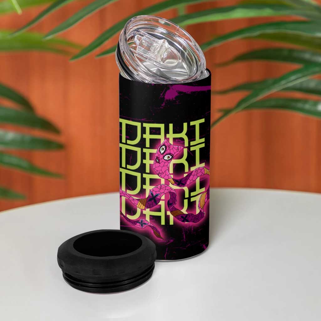Daki Demon Slayer Theme 4 in 1 Can Cooler Tumbler with Obi Sash Design and Neon Pink Green Graphic Elements - The Mazicc