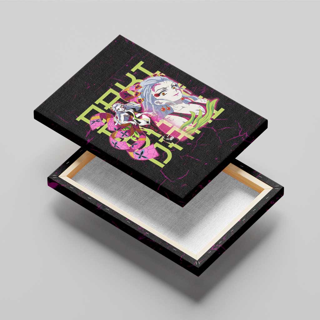 Daki Demon Slayer Theme Canvas Wall Art with Obi Sash Design and Neon Pink Green Graphic Elements - The Mazicc